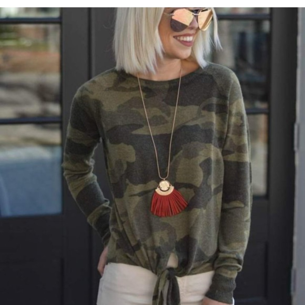 Olivaceous Green Camo Tie-Front Sweatshirt